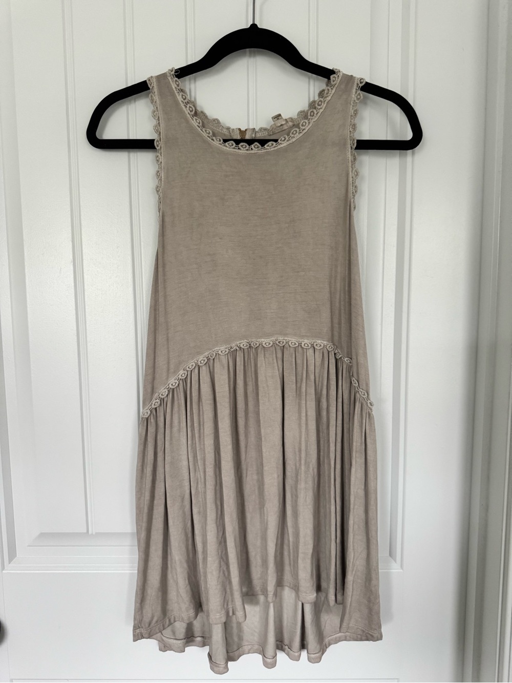 Sleeveless Beige Lace-Trim Swing Dress